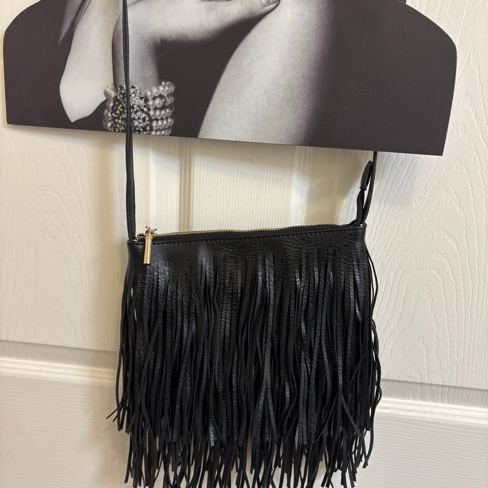 Black Faux Leather Crossbody Fringe Bag